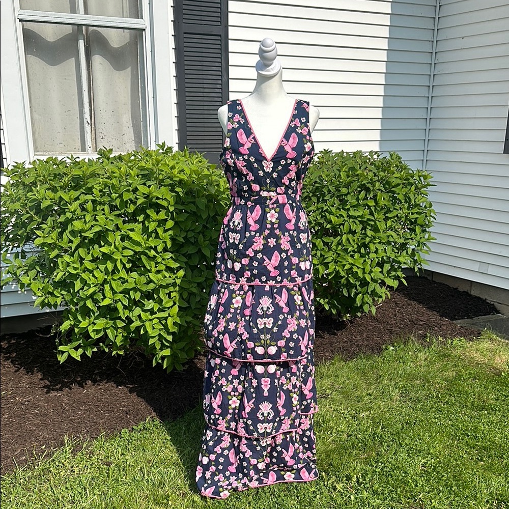 Floral V-Neck Maxi Dress - Navy and Pink